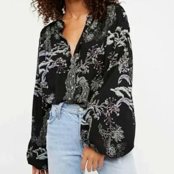Free People Metallic Blooms Peacock Blouse Button Down Womens Medium Black - Picture 3 of 16